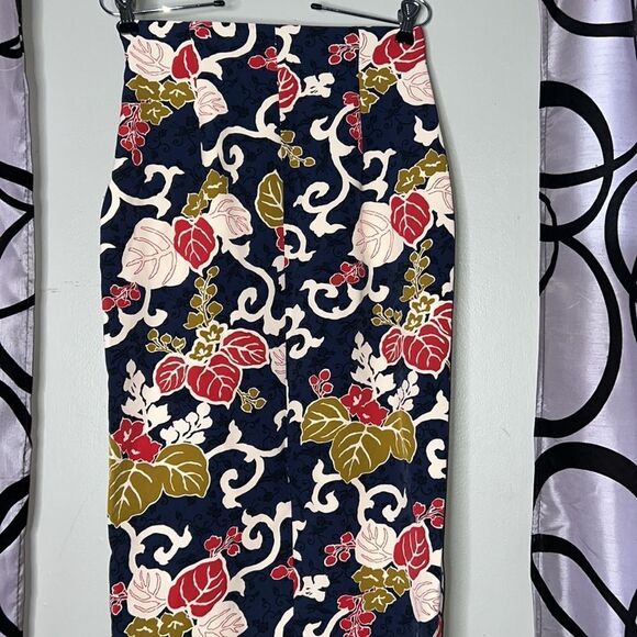 ZARA leaf vine print stretchy pencil skirt navy green cream red Sz S NWOT - Picture 9 of 10